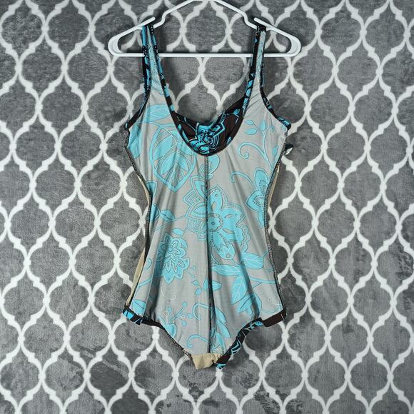 Maxine Swimsuit Womens 14 Brown Blue Floral One Piece Tummy Control Ruched Lined - Picture 4 of 8